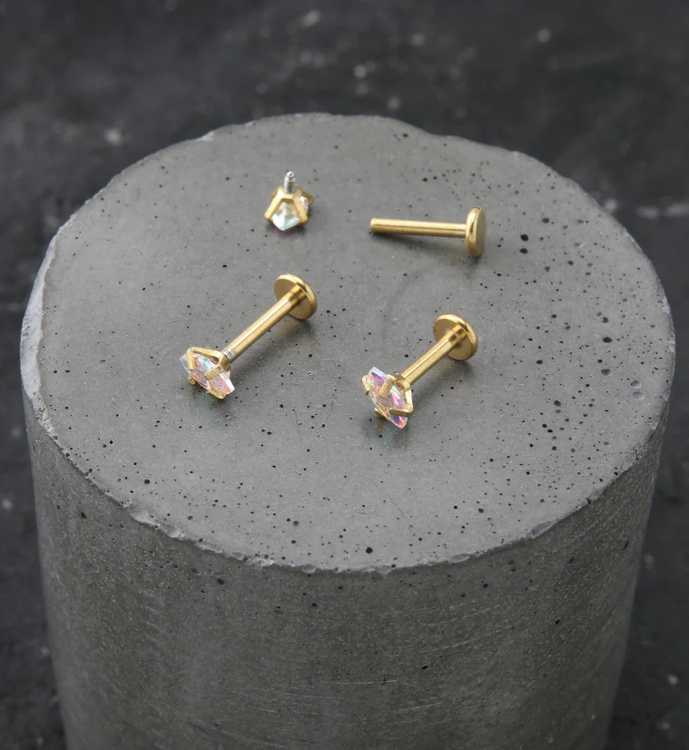 Gold PVD Rainbow Aurora Prong Oval CZ Stainless Steel Internally Threaded Labret - Mrs Treak