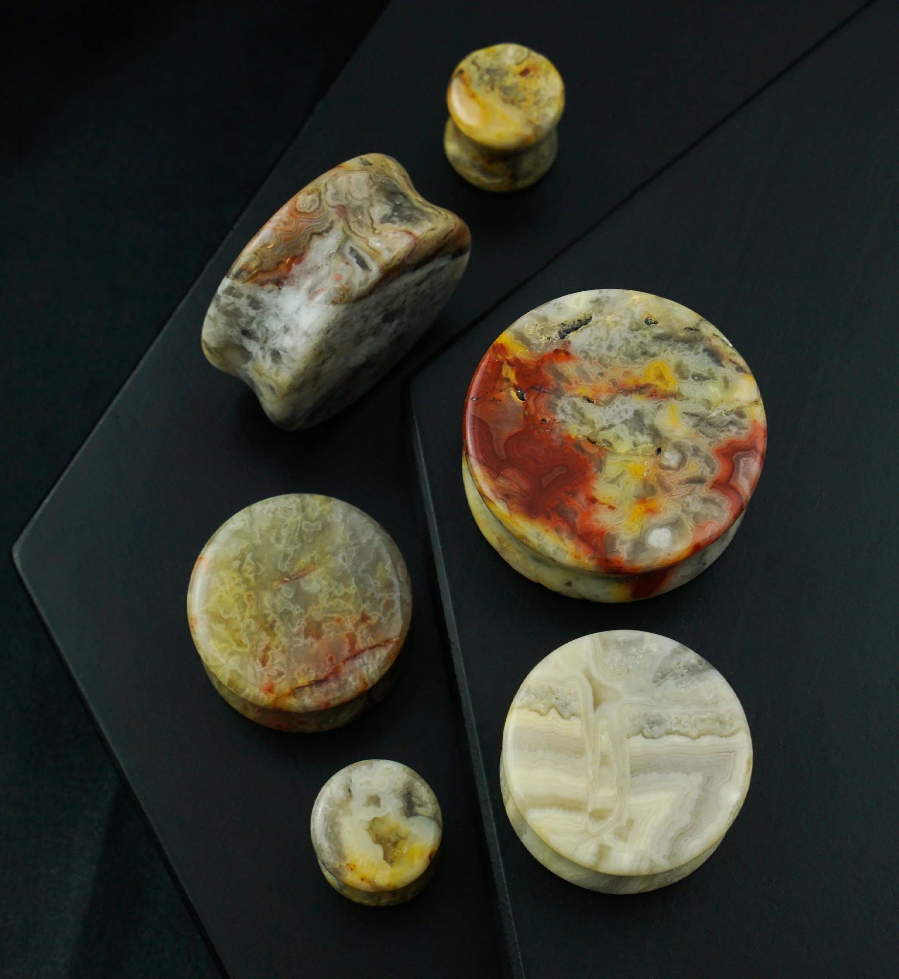 Crazy Lace Agate Stone Plugs - Mrs Treak