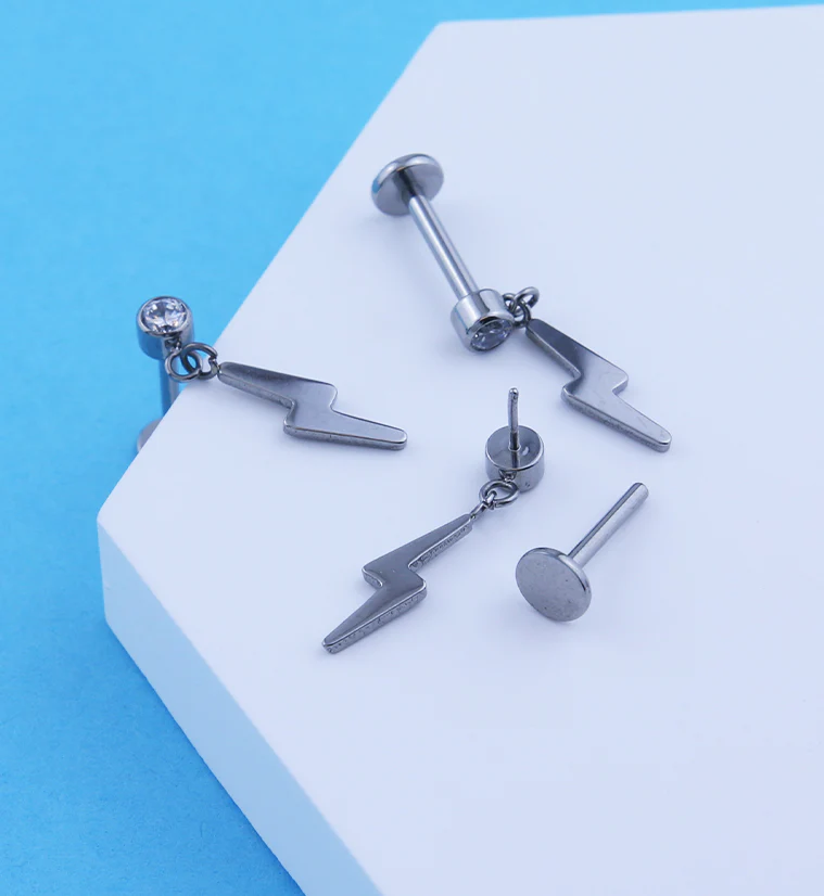 Electric Bolt Dangle Clear CZ Titanium Threadless Labret - Mrs Treak