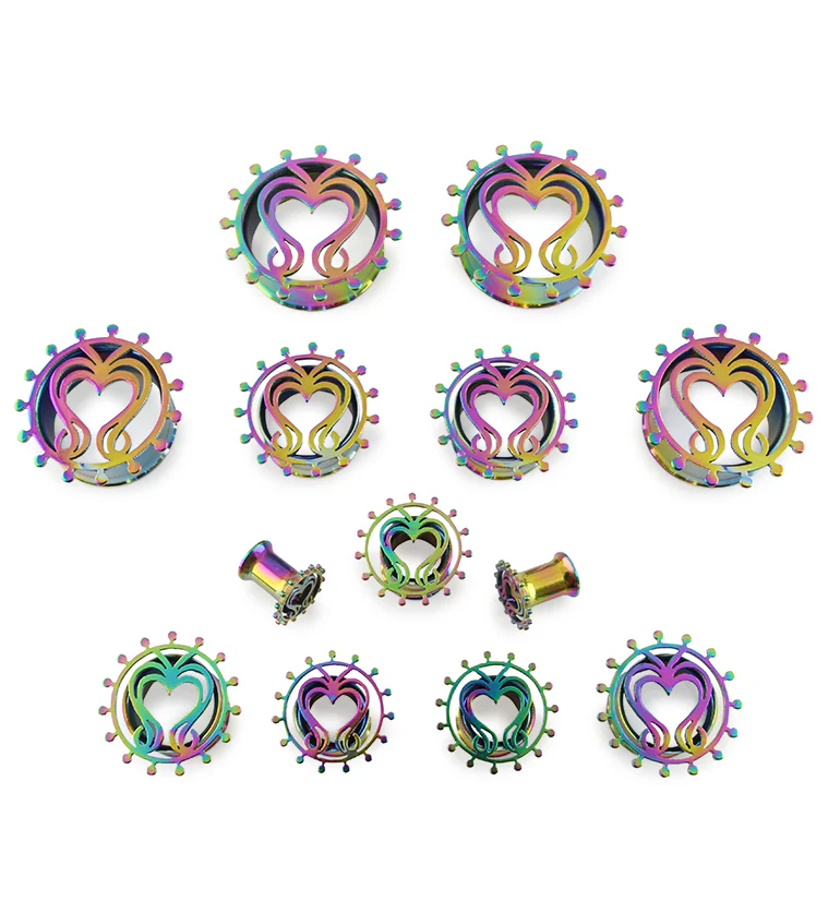 Rainbow Filigree Heart Steel Tunnel Plugs - Mrs Treak