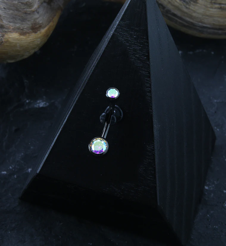 Black PVD Bezel Rainbow Aurora CZ Internally Threaded Titanium Belly Button Ring - Mrs Treak