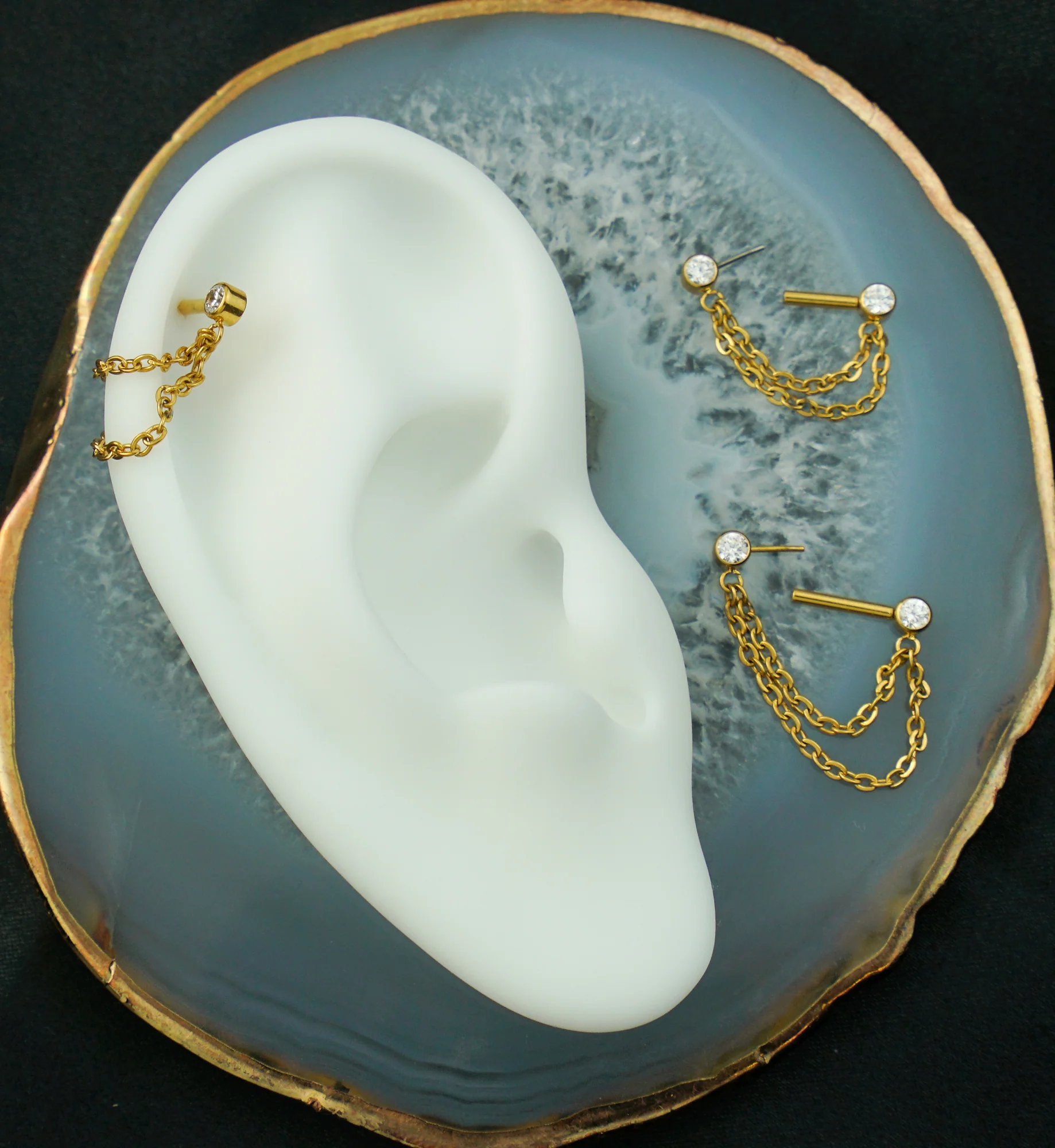 Gold PVD Clear CZ Double Chain Titanium Threadless Straight Barbell - Mrs Treak