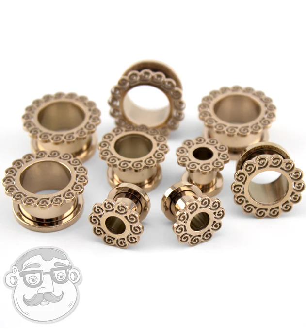 Rose Gold Spiral Ornamental Stainless Steel Tunnel Plugs - Mrs Treak
