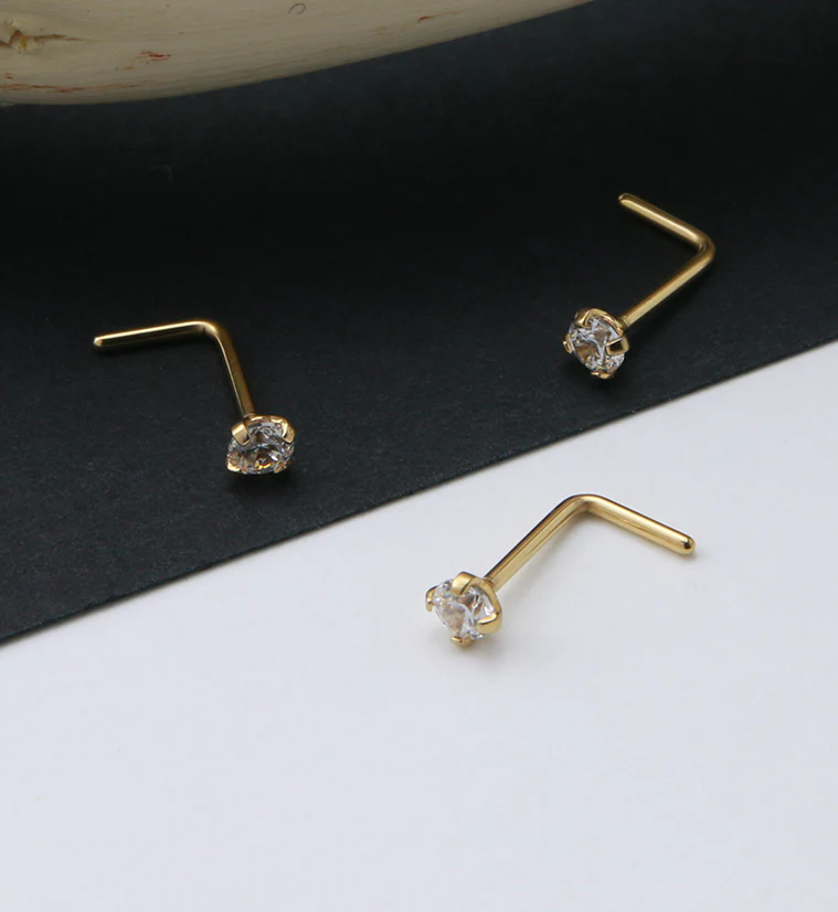 24kt Gold PVD Titanium Prong CZ L Bend Nose Ring - Mrs Treak