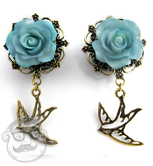 Blue Rosebud & Swallow Dangle Plugs - Mrs Treak
