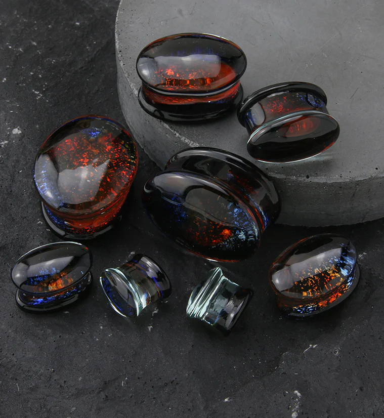 Oval Campfire Dichroic Glass Double Flare Plugs - Mrs Treak