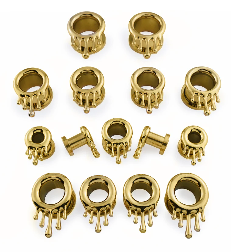 Gold PVD Dripping Stainless Steel Screw Back Tunnel Plugs - Mrs Treak