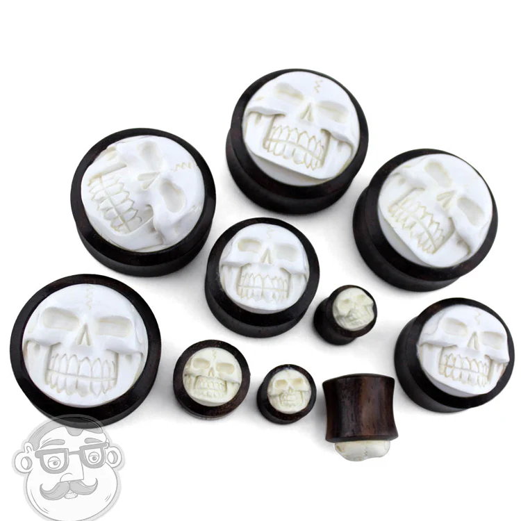 Sono Wood Plugs With Carved Skull Inlay - Mrs Treak