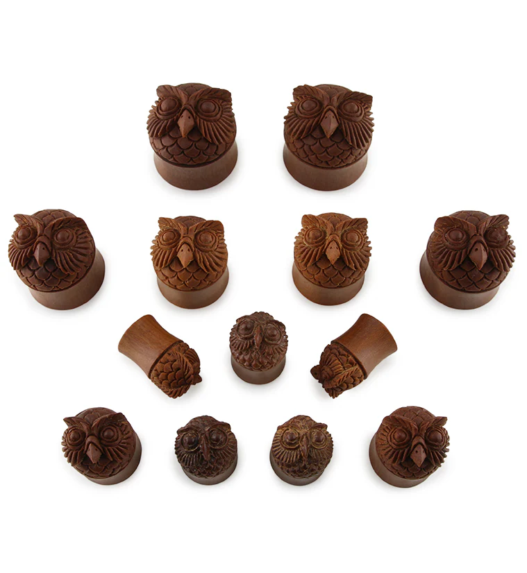 Carved Owl Wood Plugs - Mrs Treak
