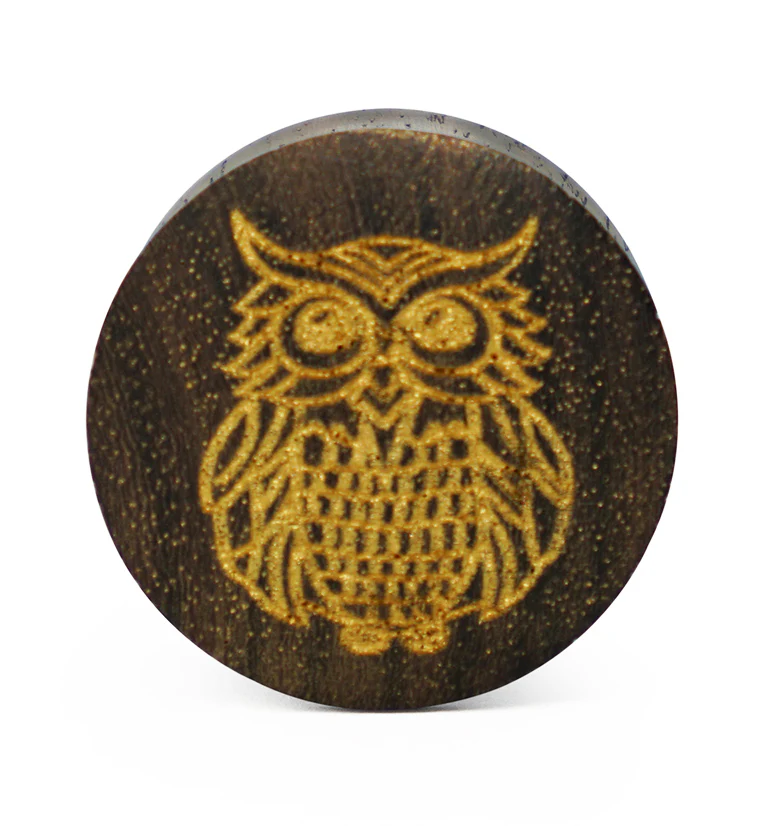 Engraved Golden Owl Sono Wood Plugs - Mrs Treak
