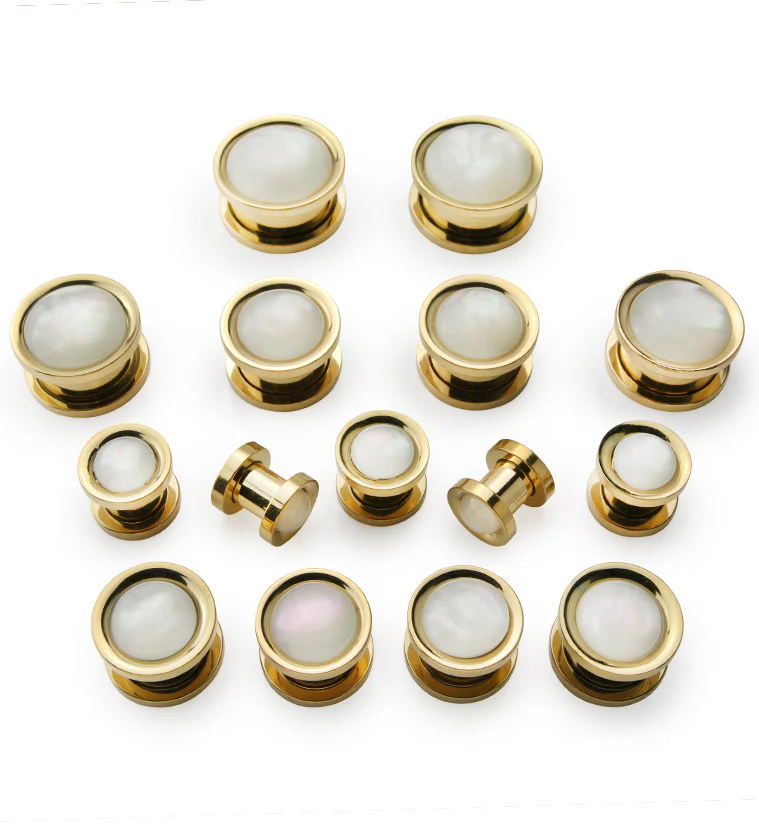 Gold PVD Stainless Steel White Mother of Pearl Plugs - Mrs Treak