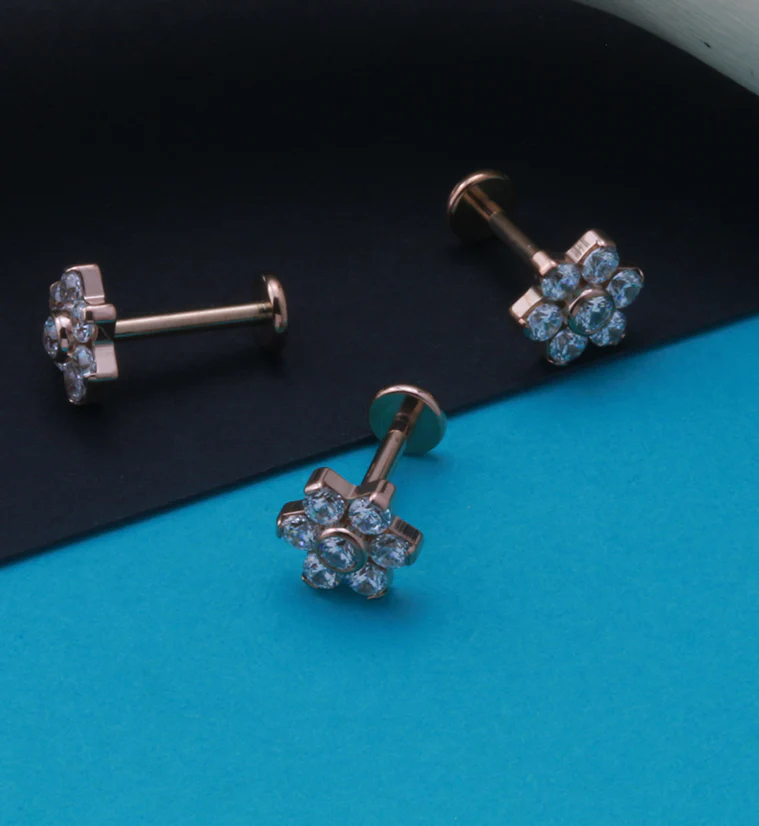 16G Rose Gold PVD CZ Flower Titanium Labret Post - Mrs Treak