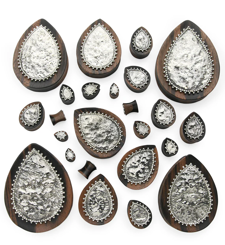Doily White Brass Inlay Areng Wood Teardrop Plugs - Mrs Treak