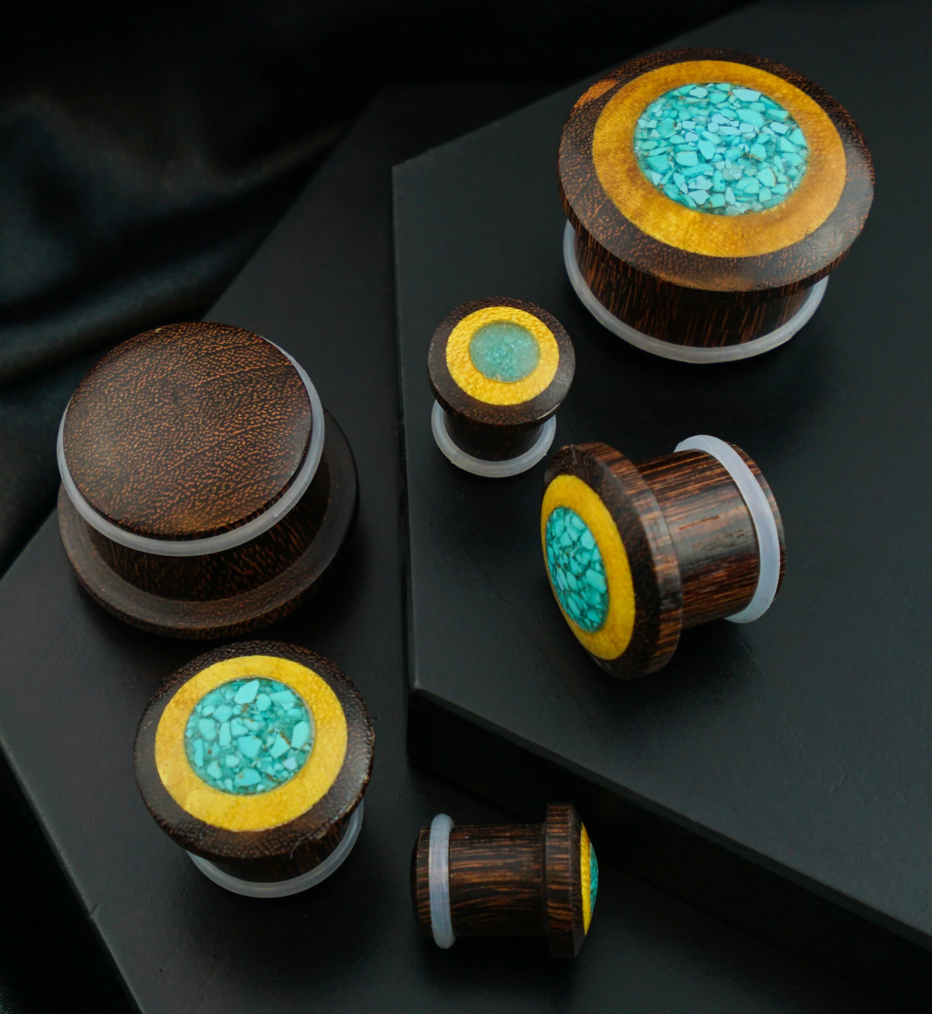 Single Flare Dark Tamarind Wood Plugs with Jackfruit & Turquoise Inlay - Mrs Treak