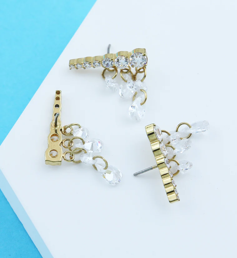 Gold PVD Long Descending Clear CZ Dangle Charms Titanium Threadless Top - Mrs Treak