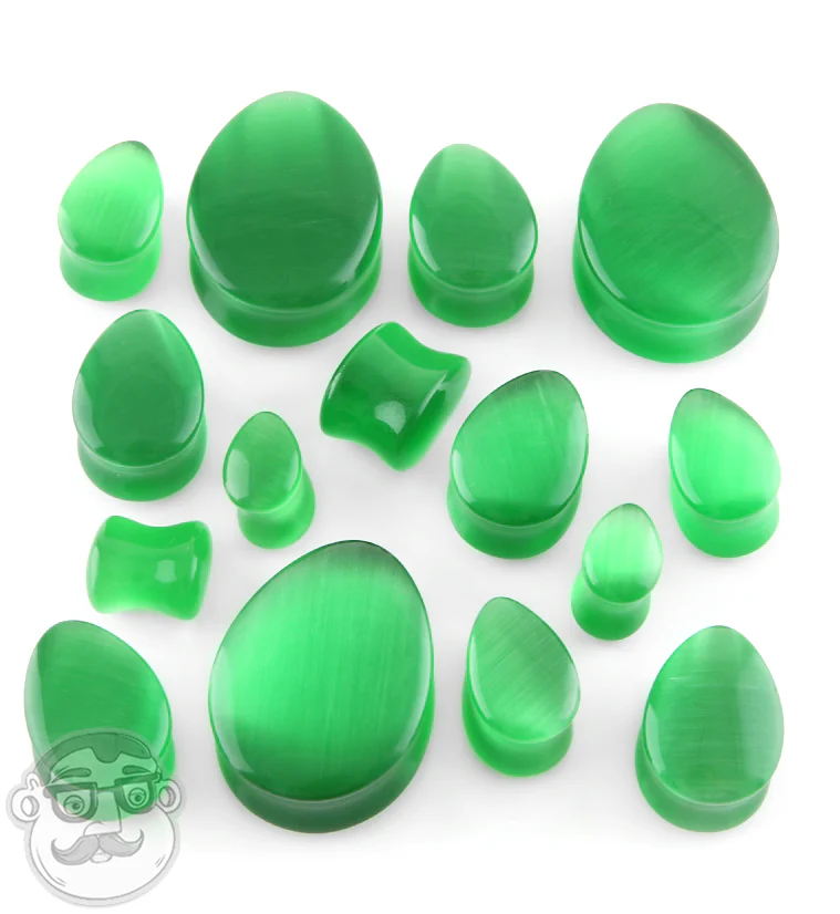 Green Cat's Eye Glass Teardrop Plugs - Mrs Treak