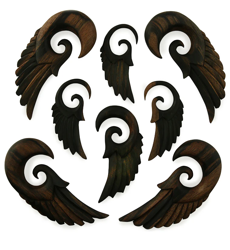 Wooden Feather Spiral Plugs - Mrs Treak