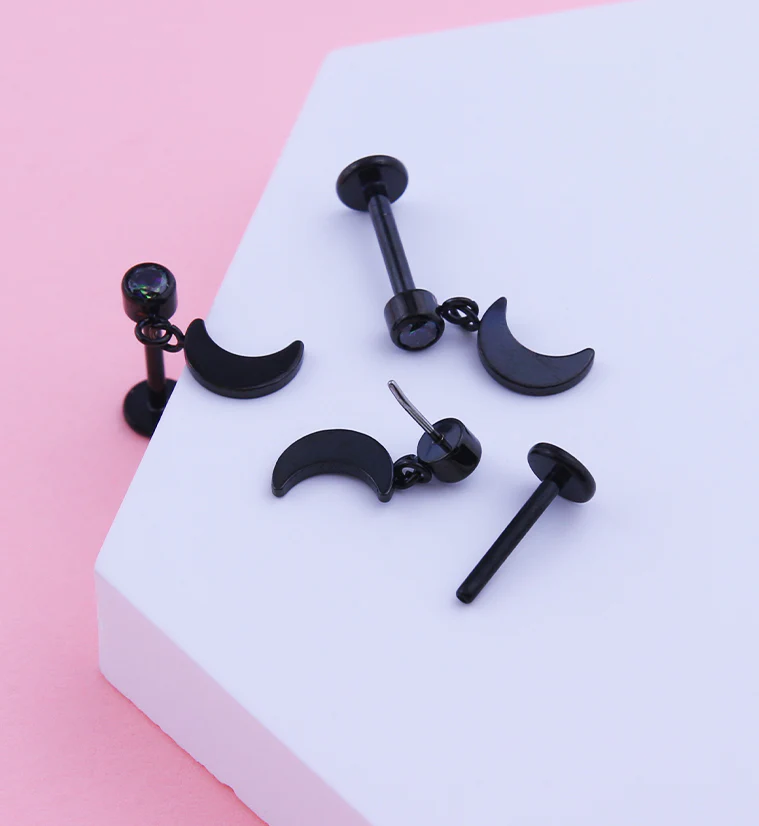 Black PVD Half Moon Dangle Black Aurora CZ Titanium Threadless Labret - Mrs Treak