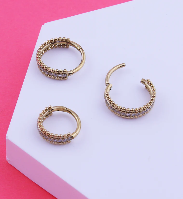 Gold PVD Beaded Center Row Clear CZ Stainless Steel Hinged Segment Ring - Mrs Treak