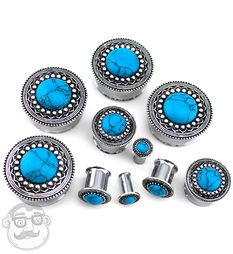 Lakota Shield With Turquoise Inlay Stainless Steel Plugs - Mrs Treak