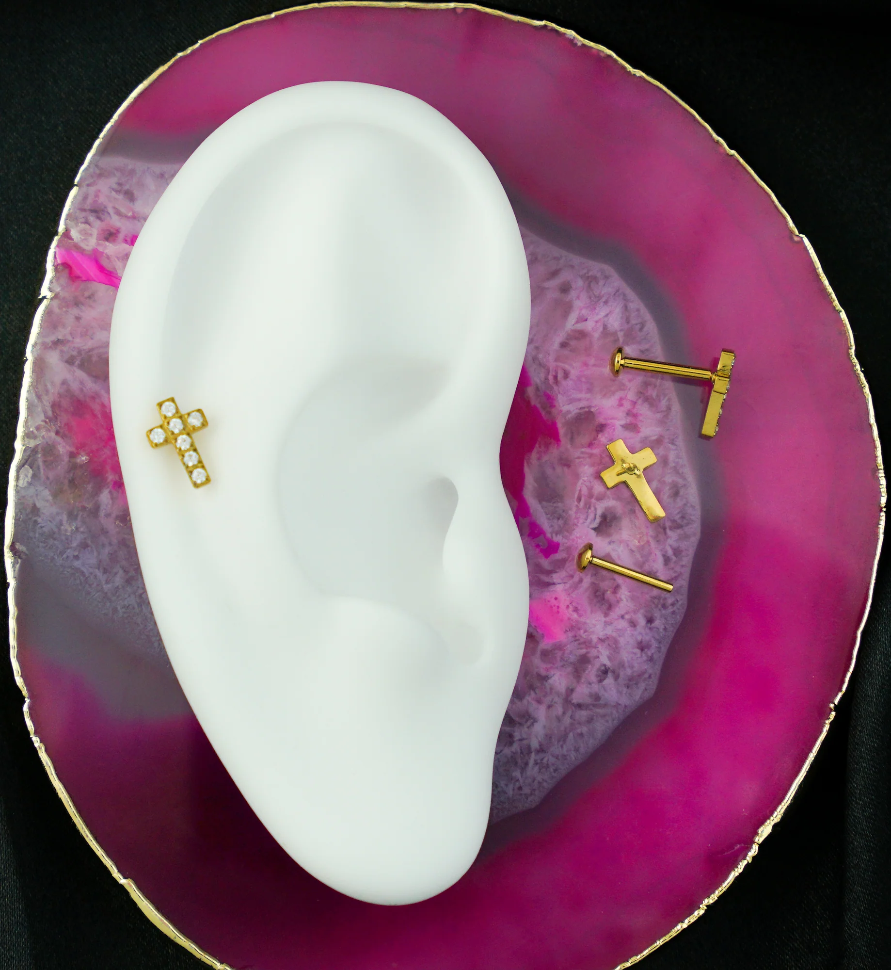 Gold PVD Cross Clear CZ Stainless Steel Convex Back Threadless Labret - Mrs Treak