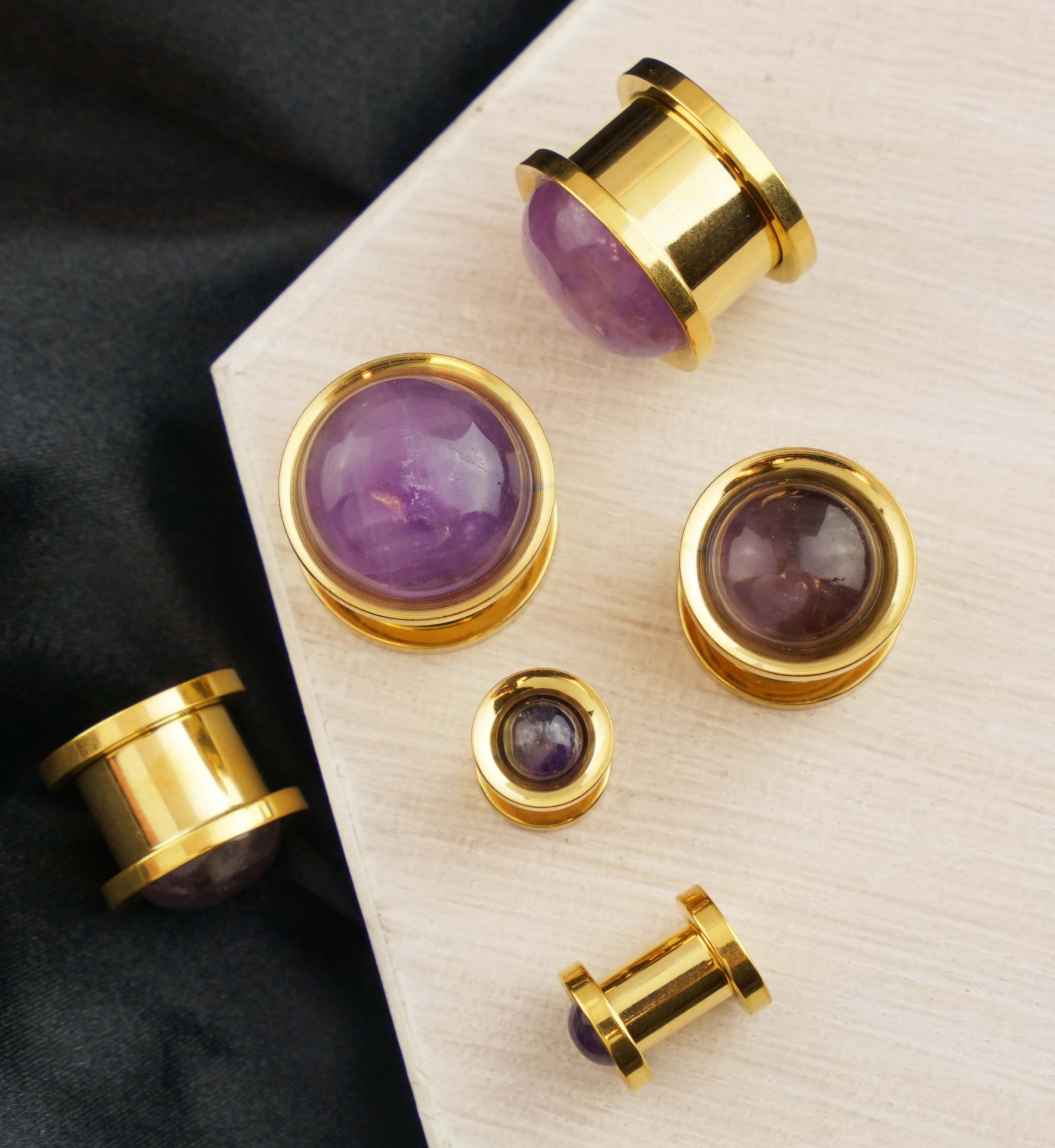 Gold PVD Cabochon Amethyst Stainless Steel Screw Back Tunnel Plugs - Mrs Treak