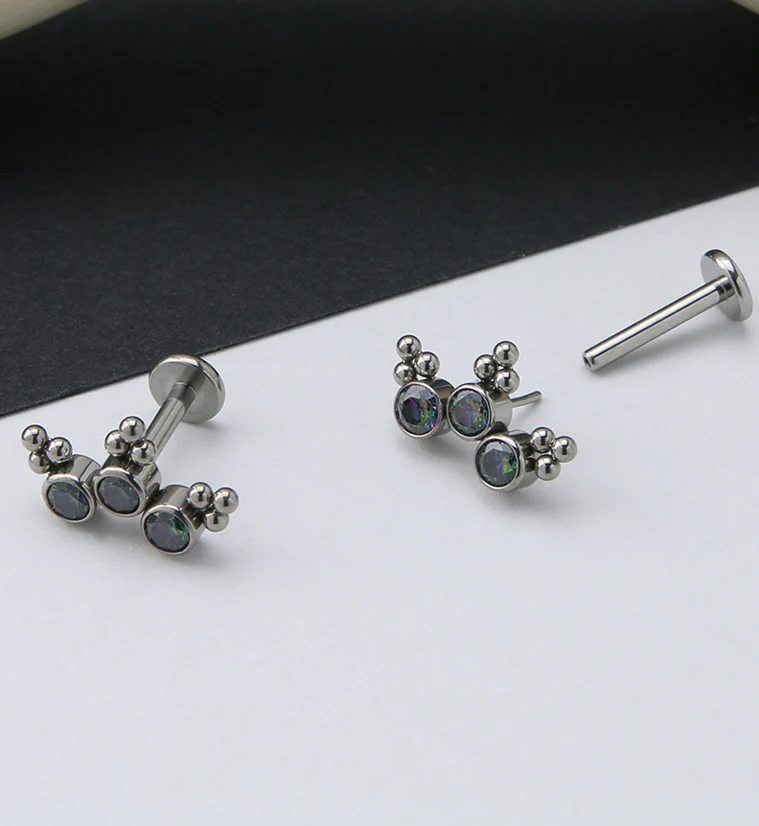 16G Triple Beaded Black Aurora CZ Curve Titanium Threadless Labret - Mrs Treak