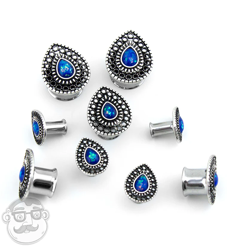 Blue Opalite Teardrop Plate Steel Plugs - Mrs Treak