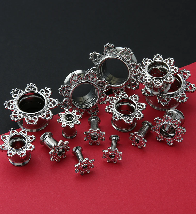 Silver Interlace Rim Stainless Steel Tunnel Plugs - Mrs Treak