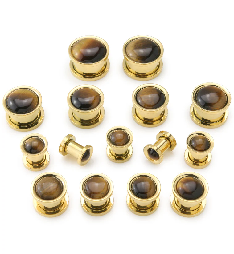 Gold PVD Tigers Eye Stone Stainless Steel Plugs - Mrs Treak