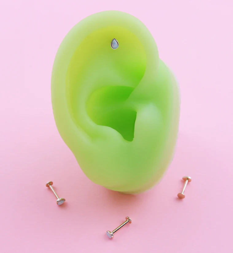 14kt Gold Teardrop White Opalite Threadless Labret - Mrs Treak