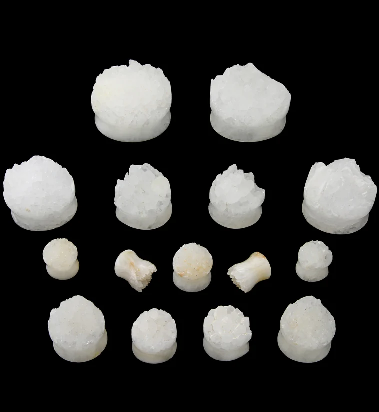 Raw White Quartz Druzy Stone Teardrop Plugs - Mrs Treak