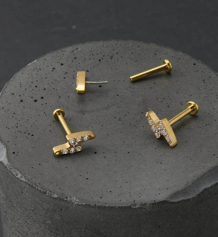 Gold PVD Bolt CZ Titanium Threadless Labret - Mrs Treak