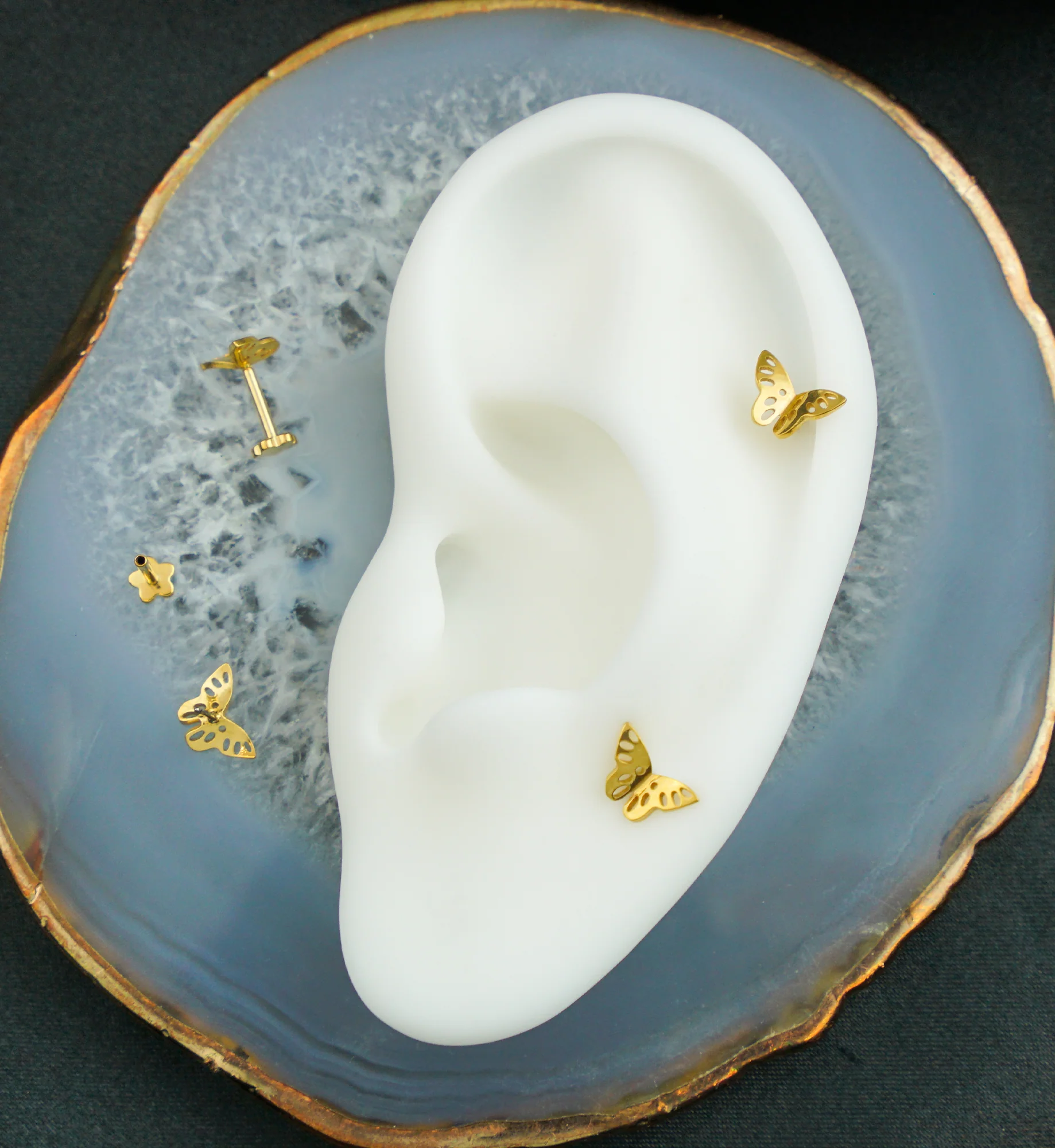 Gold PVD Butterfly Cutout Threadless Titanium Flower Back Labret - Mrs Treak