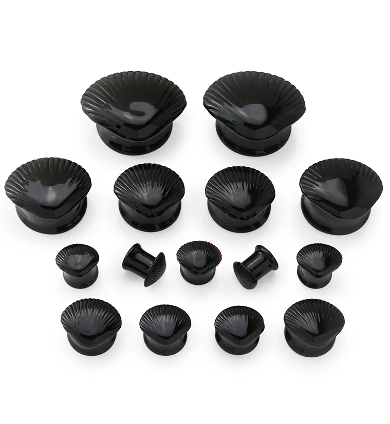 Black Seashell Glass Double Flare Plugs - Mrs Treak
