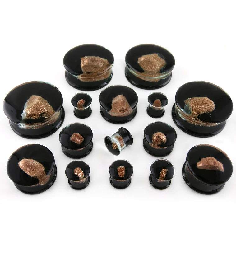 Black & Goldstone Glass Plugs - Mrs Treak