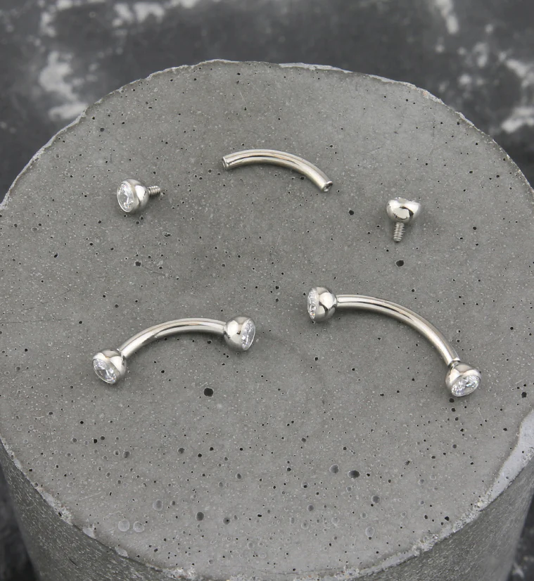 Titanium Double Bezel Clear CZ Internally Threaded Curved Barbell - Mrs Treak