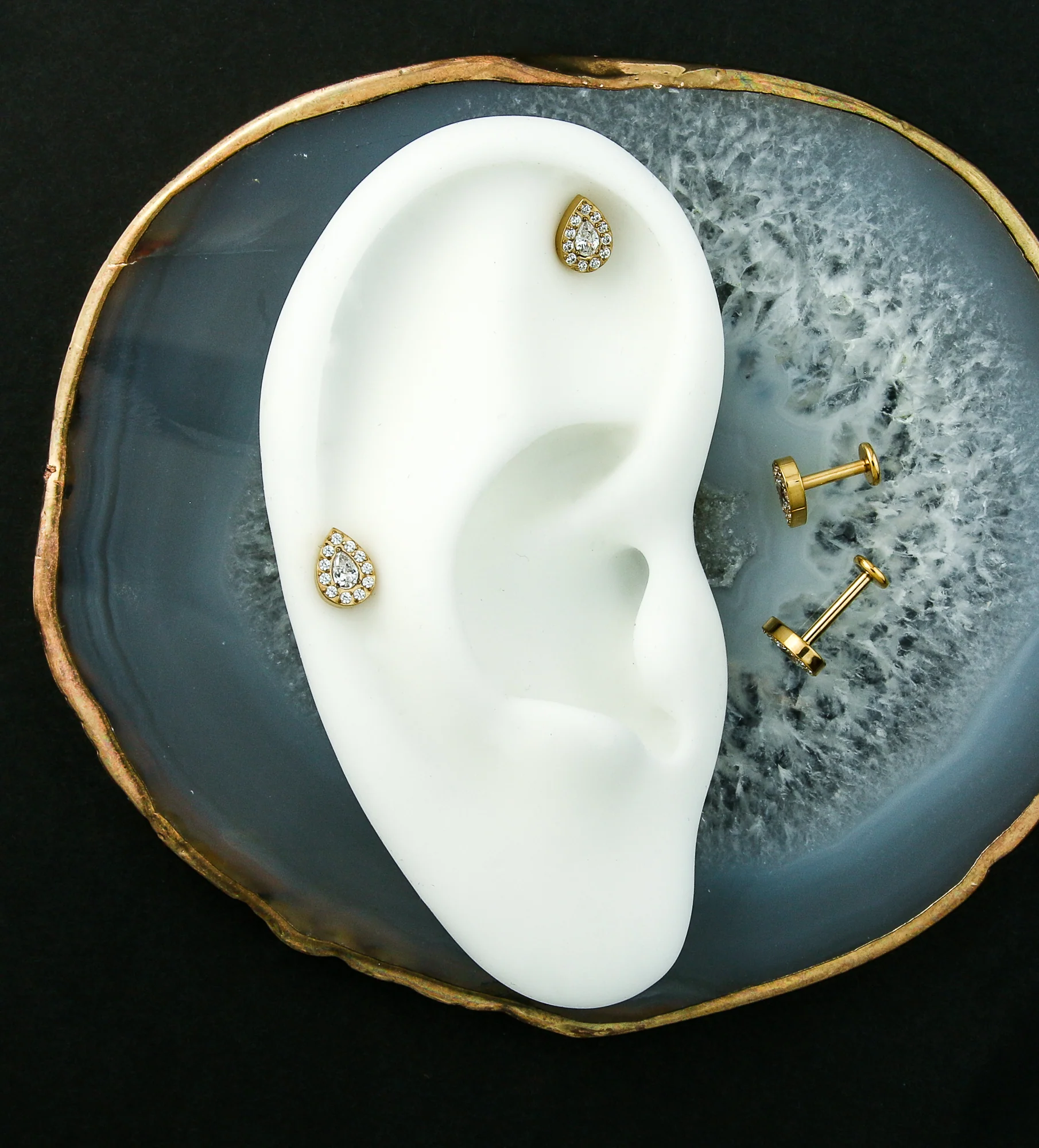 Gold PVD Teardrop Clear CZ Internally Threaded Titanium Labret - Mrs Treak