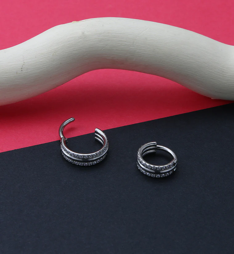 Stacked Double Core CZ Titanium Hinged Segment Ring - Mrs Treak