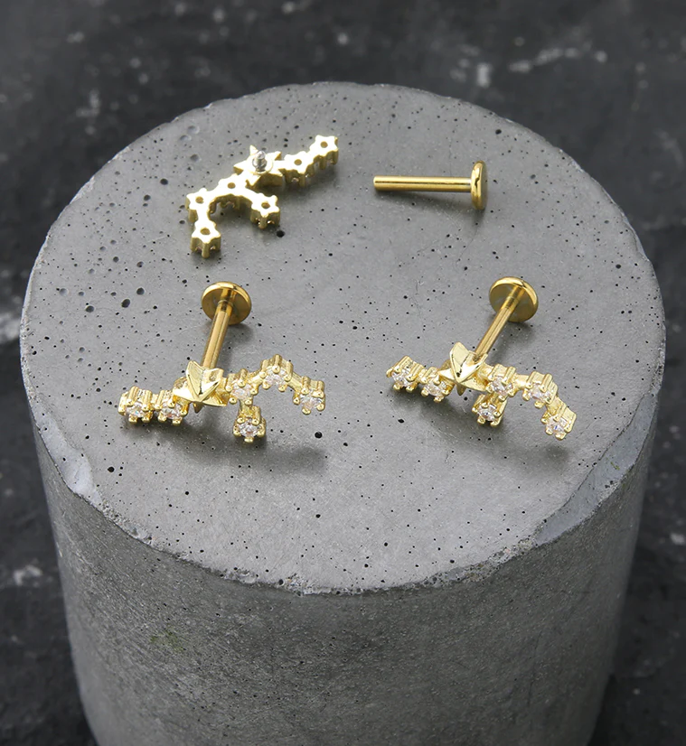 Gold PVD Sagittarius Constellation Clear CZ Stainless Steel Internally Threaded Labret - Mrs Treak