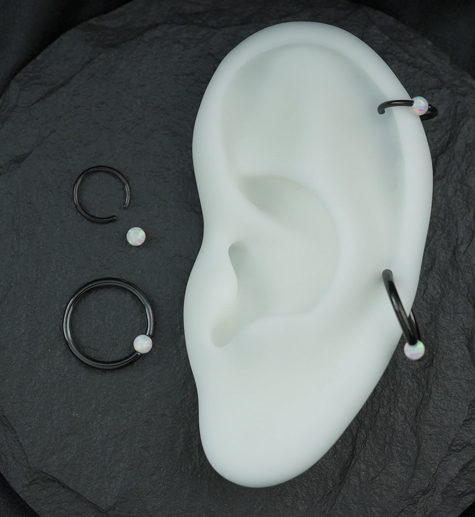 Black PVD White Opalite Captive Ring - Mrs Treak