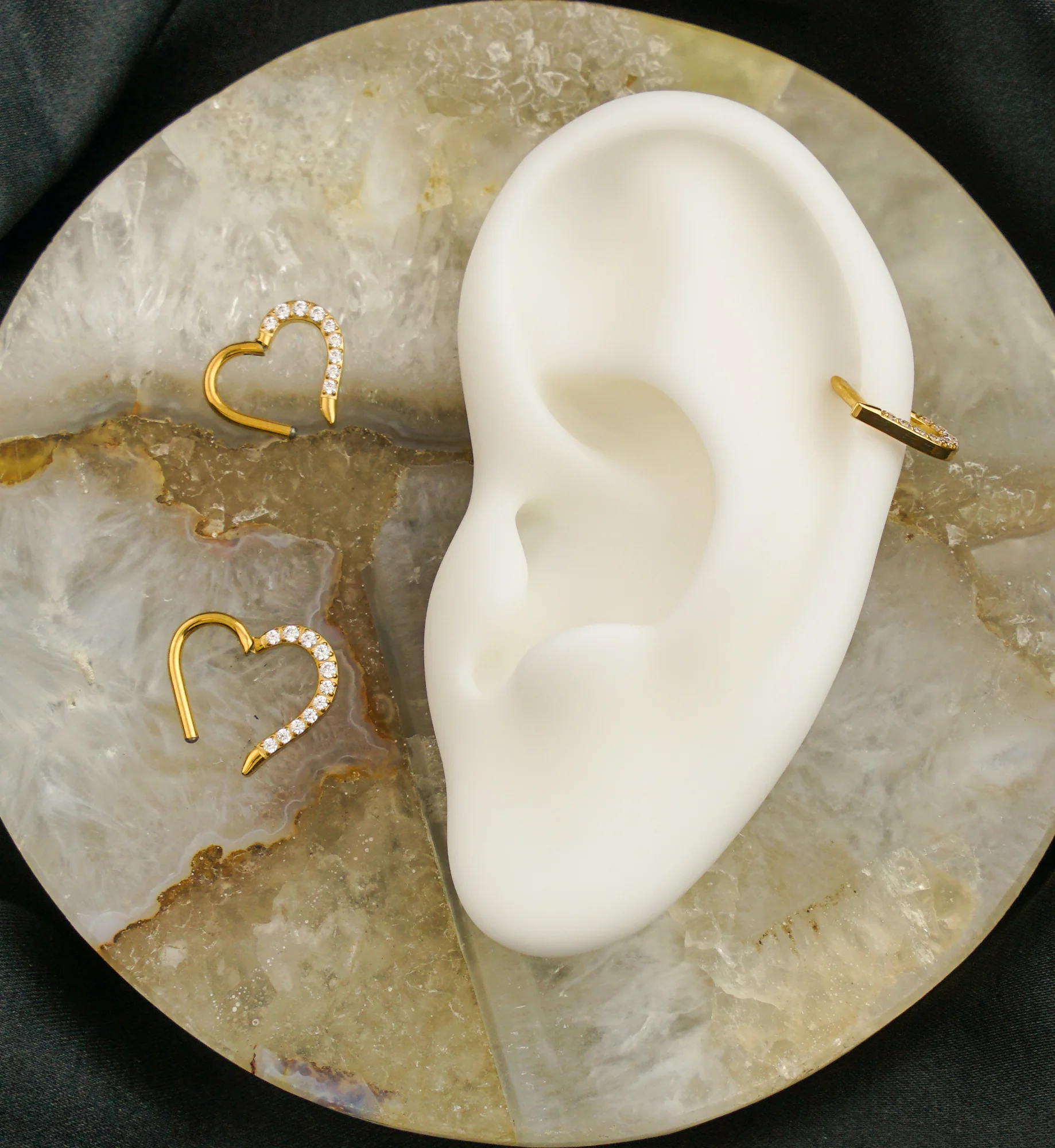 Gold PVD Split Heart Clear CZ Titanium Hinged Segment Ring - Mrs Treak