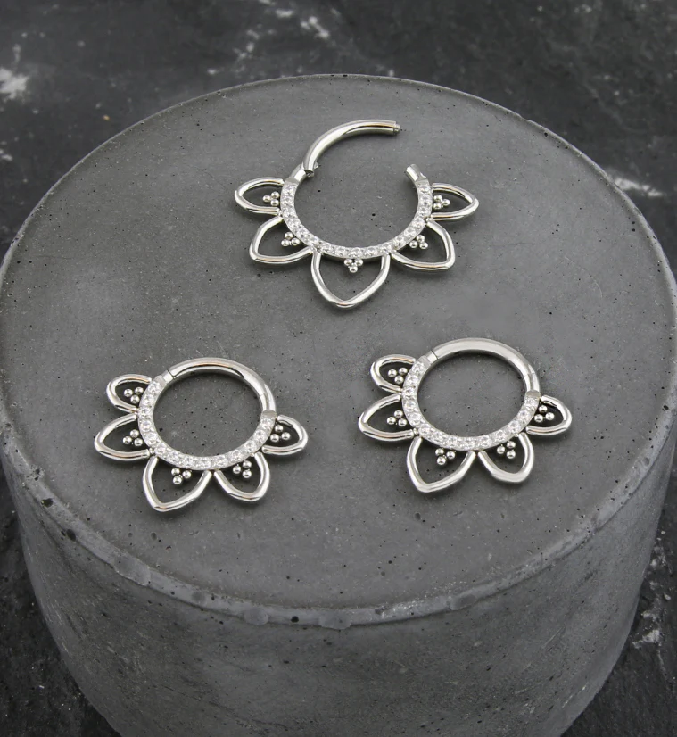 Flower Trace Clear CZ Titanium Hinged Segment Ring - Mrs Treak