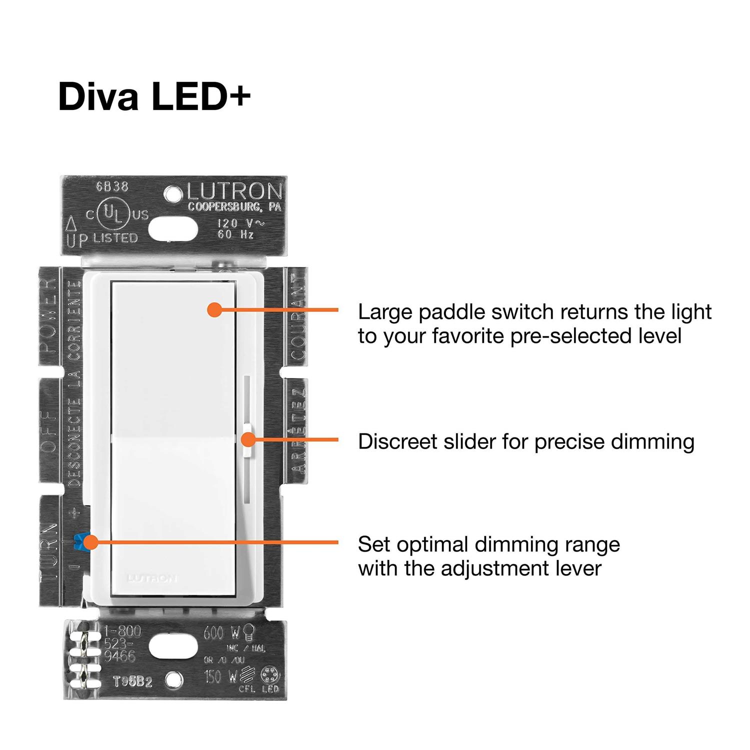 Lutron DVCL-153P-LA Diva Dimmer CFL/LED - MT - Mrs Treak
