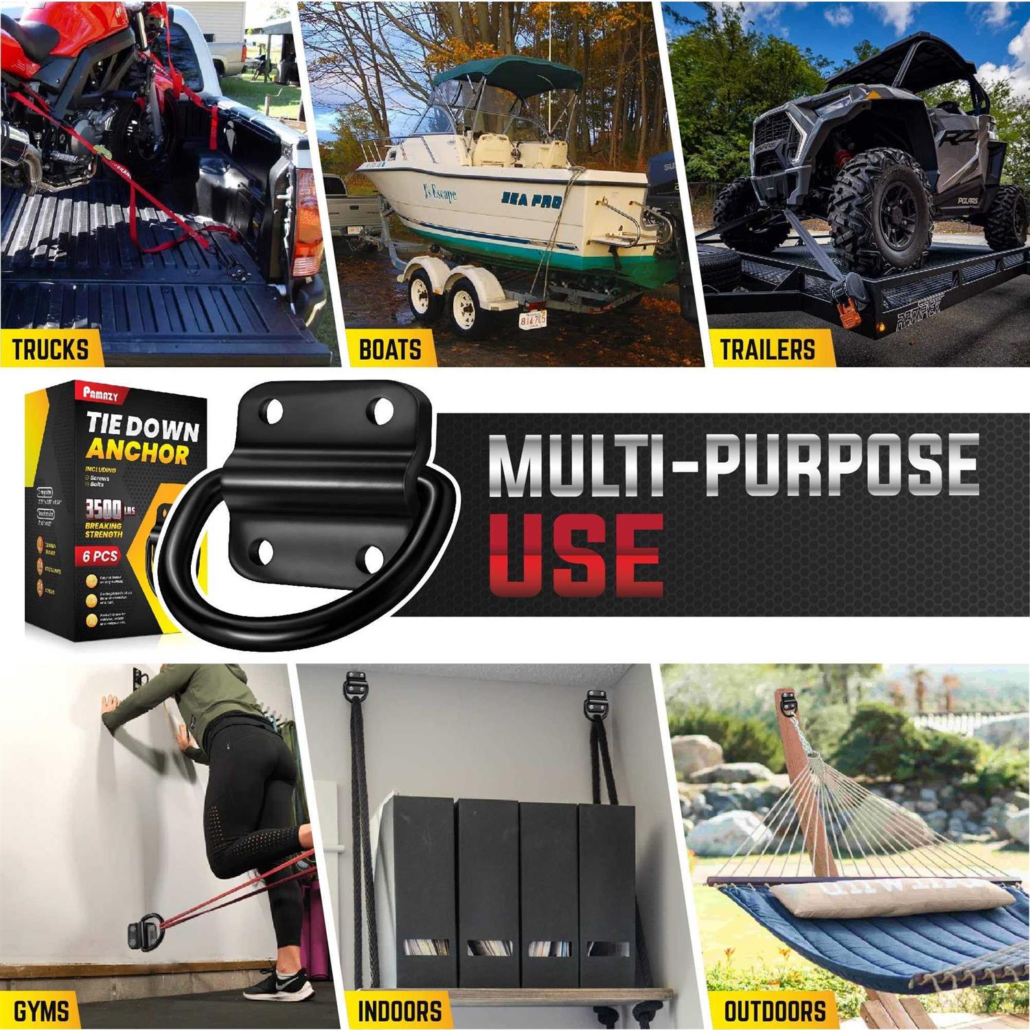 PAMAZY 4PCS Heavy Duty Steel D Rings Tie Down Anchors Ultra Durable 3500 Pound Breaking Strength Surface Mount Hooks Securing Cargo for Trailer - MT - Mrs Treak