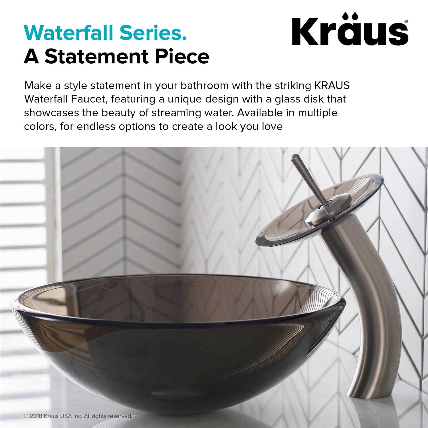 Kraus Single Hole & Handle Vessel Glass Waterfall Bathroom Faucet with Pop-Up Drain with Glass Disk KGW-1700 - MT - Mrs Treak