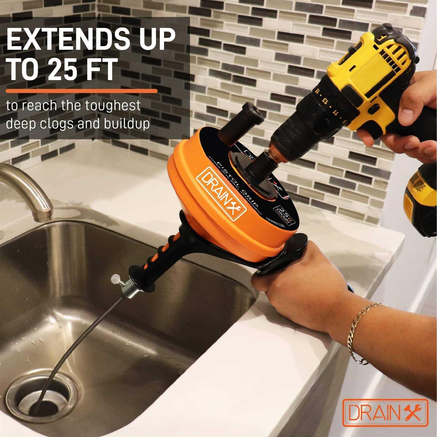 Drainx Heavy-Duty-Steel Pro Drum Drain Auger, 25 Ft., with Work Gloves and Carrying Pouch - MT - Mrs Treak