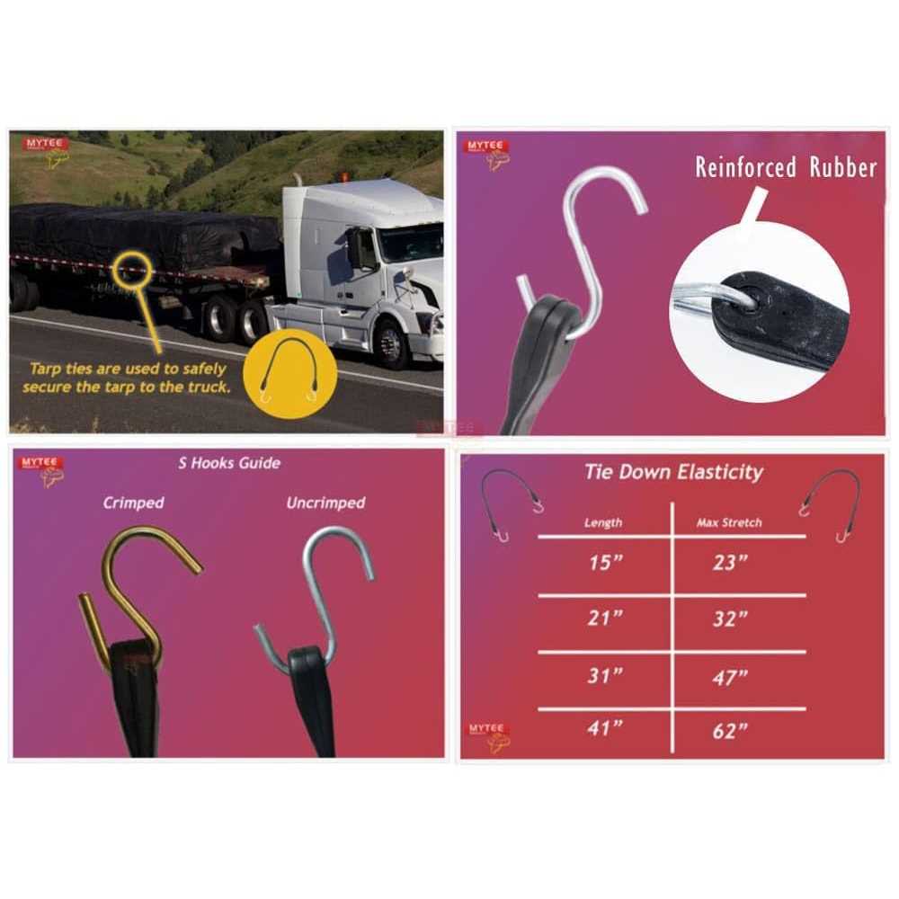 Mytee Products Natural Rubber Tarp Bungee Straps 50 Pack Heavy-Duty Rubber Tie Down Bungee Straps With Crimped S Hooks - MT - Mrs Treak