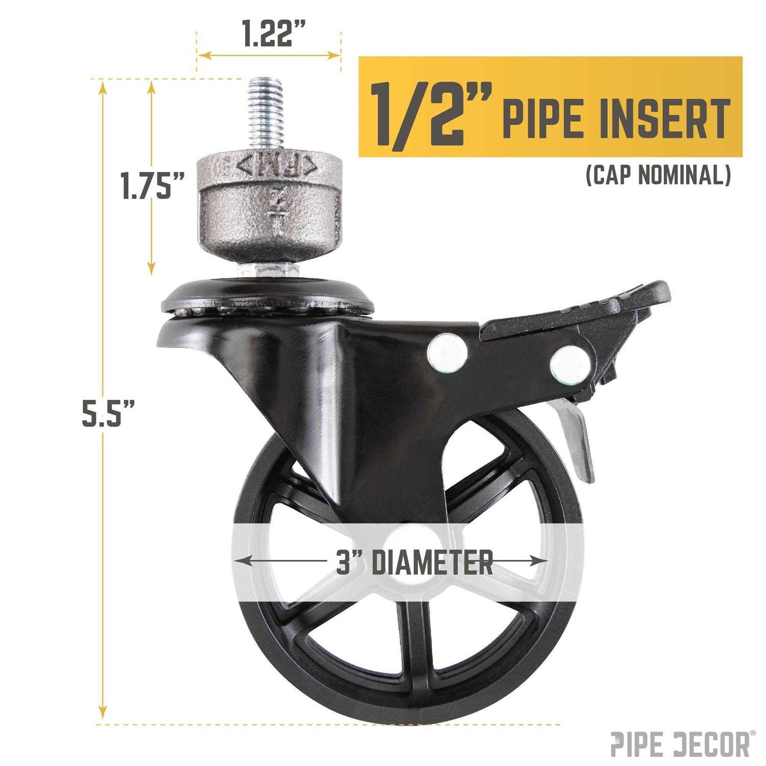 PIPE DECOR Black Malleable Iron Cap Fitting with 3 in. Caster Wheel for Pipe Furniture - MT - Mrs Treak