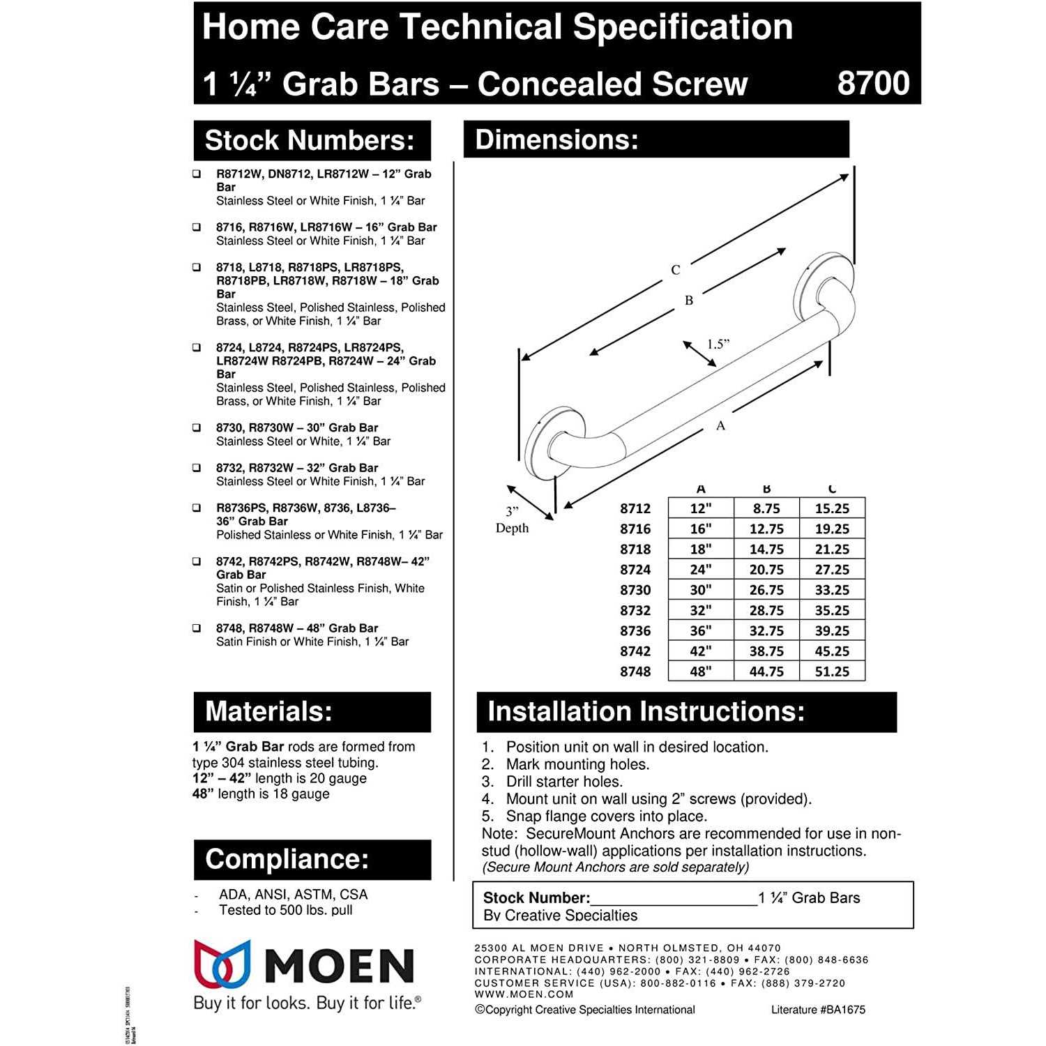 Moen Glacier 24 Concealed Screw Grab Bar - MT - Mrs Treak